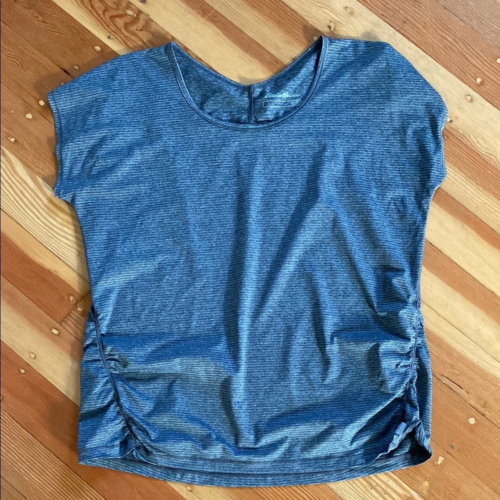 Eddie Bauer Grey Striped Short Sleeve Ruched Tech Knit Tee Shirt 2XL